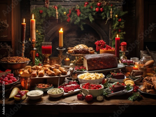 Fototapeta Naklejka Na Ścianę i Meble -  Traditional christmas feast: festive dinner table laden with delicious food and decorations