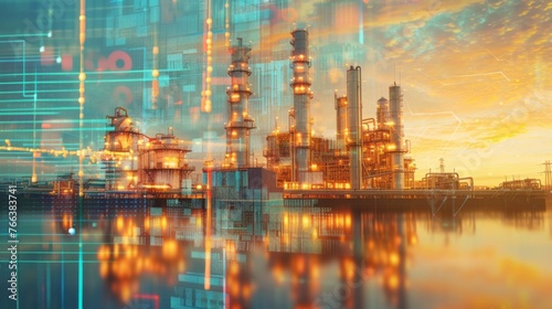 Future factory plant and energy industry concept in creative graphic design. Oil, gas and petrochemical refinery factory with double exposure arts showing next generation of power and energy business photo