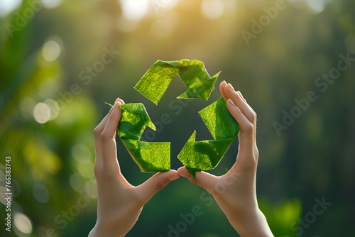 The symbol of recycling in human hands on the background of nature photo