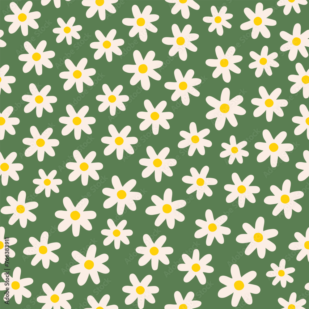 Seamless pattern with white groovy daisy flowers on green background. Vector illustration.