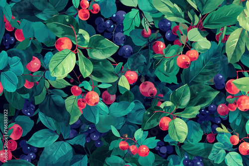 A colorful closeup painting of ripe red berries on a vibrant green bush with fresh leaves