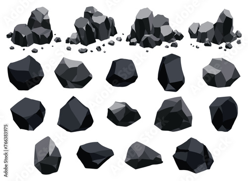 Collection of coal black mineral resources. Pieces of fossil stone. Polygonal shapes set. Black rock stones of graphite or charcoal. Energy resource charcoal icons