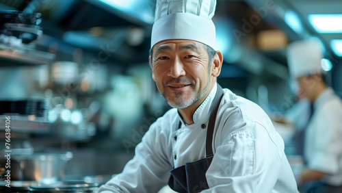 Professional middle-aged Asian chef in a commercial kitchen with a confident smile, wearing a white chef's uniform and hat, representing culinary expertise and hospitality