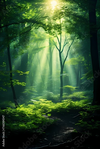 Sunlight filtering through dense emerald foliage, illuminating a tranquil forest glade with vibrant greenery. Shafts of light create a mesmerizing interplay of shadows and highlights 