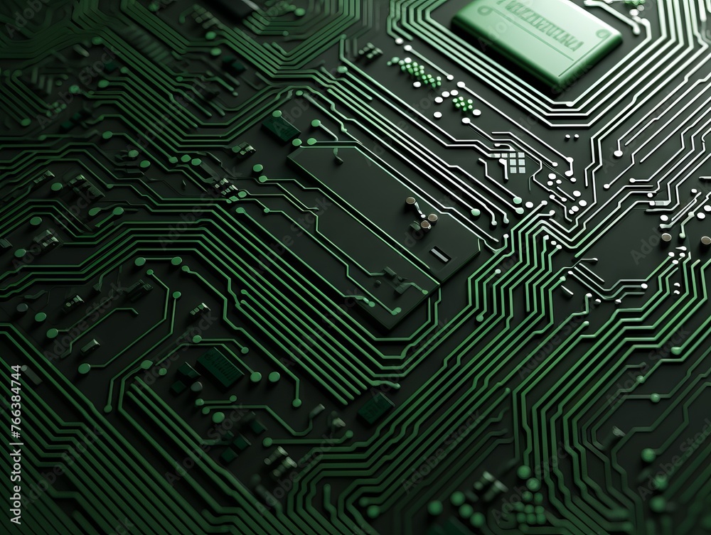Green printed circuit board with microcircuits and glowing elements, close-up.
Concept: electronics and education, information technology and computer engineering