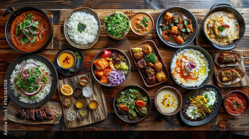 Exploring the Vibrant Tapestry of Global Cuisines:A Culinary on a Wooden Table - obrazy, fototapety, plakaty 
