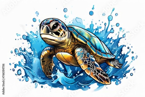 Majestic turtle is seen gliding effortlessly through water  its movements slow  graceful. For Tshirt design  posters  postcards  other merchandise with marine theme  childrens books.