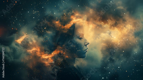 Abstract concept of a female silhouette with celestial space elements, representing creativity, the universe within, or human mind exploration, suitable for themes like mindfulness or philosophy © fotogurmespb