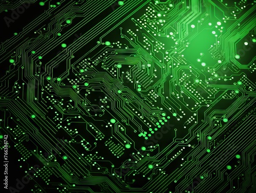 Green printed circuit board with microcircuits and glowing elements, close-up. Concept: electronics and education, information technology and computer engineering