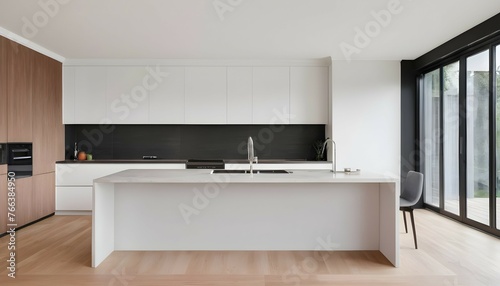 Kitchen interior in beautiful new luxury home with kitchen island and wooden floor, bright modern minimal style, with copy space.