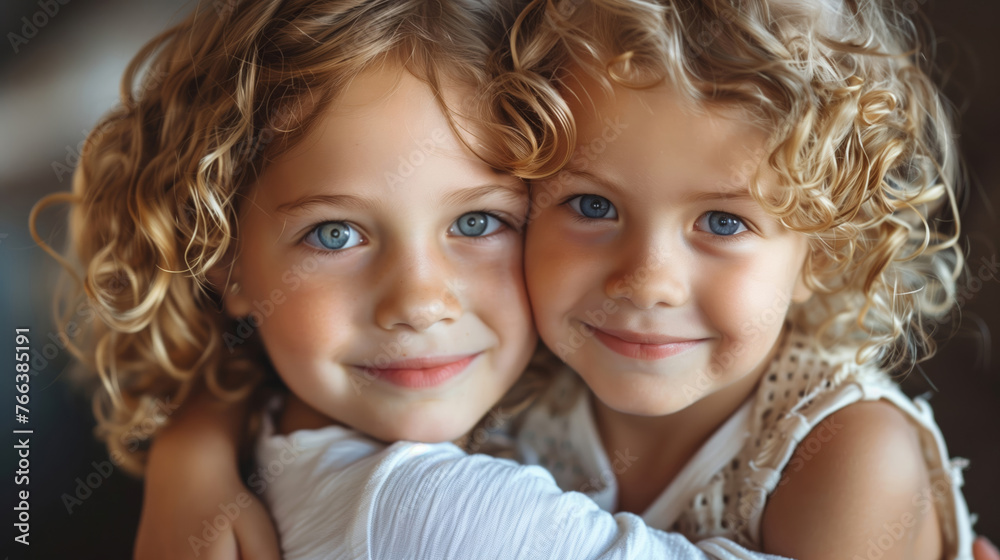 Two young Caucasian girls with curly blonde hair and blue eyes embracing and smiling at the camera, depicting sibling love and innocence Two young Caucasian girls with curly blonde hair and blue eyes embracing and smiling at the camera, depicting sibling love and innocence