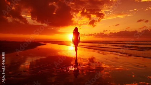 A vibrant scene capturing a young Japanese woman walking along a beach, her silhouette against the rising sun of a hot summer morning. 