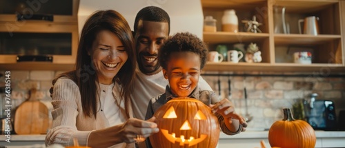 An ethnically diverse family with a smiling son creates jack o lanterns from pumpkins while celebrating Halloween in the kitchen.