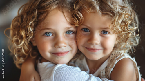 Two young Caucasian girls with curly blonde hair and blue eyes embracing and smiling at the camera, depicting sibling love and innocence