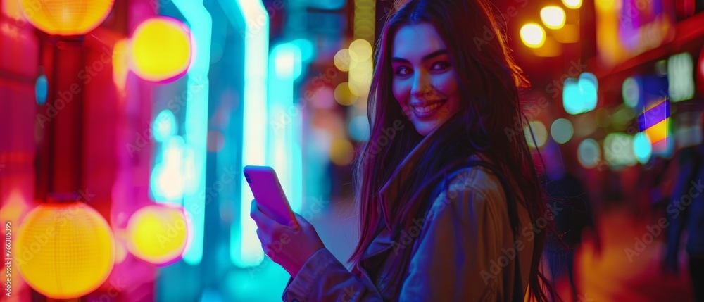 Walking through a neon-lit night street a beautiful young woman using her smartphone. Portrait of a stunning smiling female using her mobile phone.