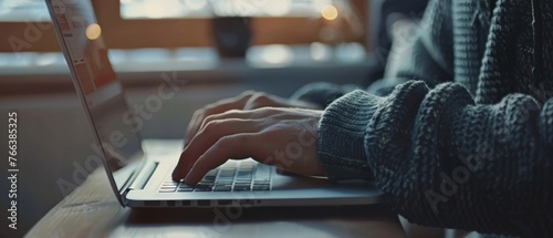 A close-up view of the hands of Caucasian man reading latest news on laptop computer. Freelance male is doing financial market analysis and reports for clients and employers in cozy creative living photo