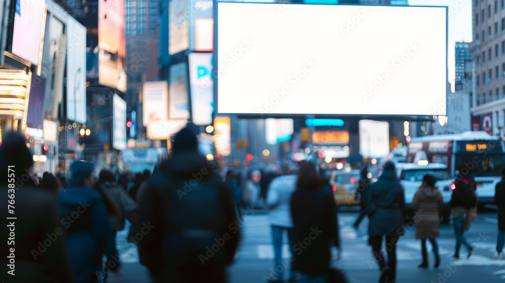 Illuminated Blank Billboard in Dynamic Urban Street Scene at Twilight with Rushing Traffic Illuminated Blank Billboard in Dynamic Urban Street Scene at Twilight with Rushing Traffic