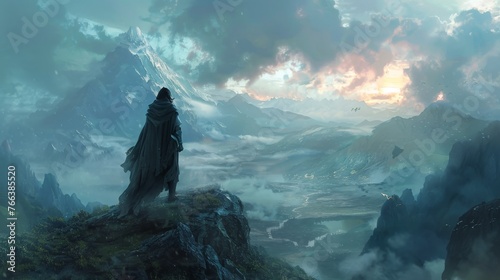 Fantasy character illustration reminiscent of Middle Earth's legendary heroes set against a backdrop of mystical landscapes.