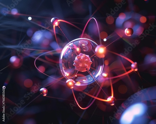 3D closeup of nanotechnology atom, dynamic lighting, vivid core, sharp electrons , 3D illustration