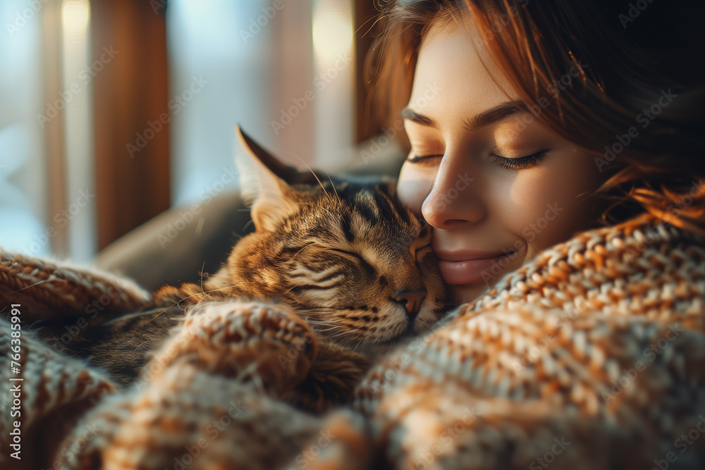 Happy people at home with favorite pet , love and friendship of human and animal, Young woman embracing cat with love Happy people at home with favorite pet , love and friendship of human and animal, Young woman embracing cat with love