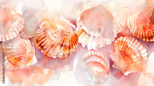 Seashells in a colorful watercolor underwater scene. Vibrant backdrop for print designs, showcasing the beauty of the underwater world. Beach aesthetics. Watercolor texture.
