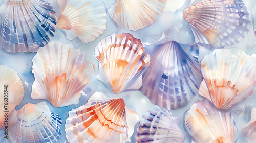 Watercolor underwater landscape featuring shells. Colorful seashell print design, creating a vibrant underwater world.