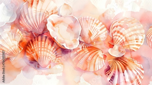 Vibrant watercolor illustration of underwater shells. Colorful seashell background for prints, depicting the beauty of the underwater world. Beach aesthetics. Watercolor texture.