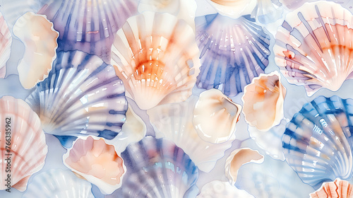 Watercolor underwater theme adorned with shells. Colorful seashell backdrop for print designs, capturing the essence of the underwater world.