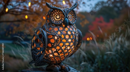 Illuminated Owl Sculpture Captivates Amid Nature's Beauty
