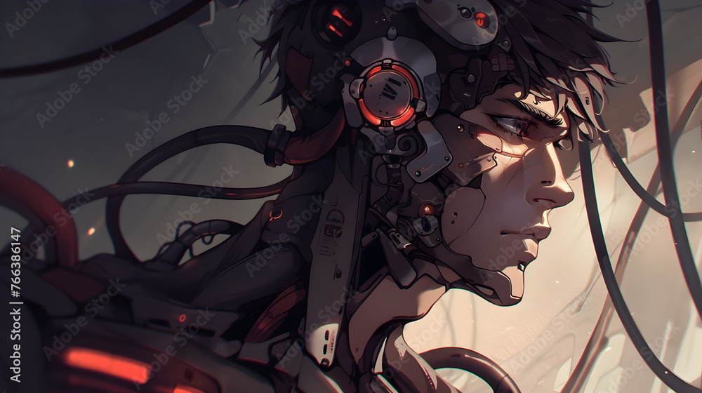 Futuristic Cyborg Face with Advanced Robotic and Digital Technology Elements