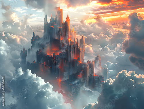 Fortress in the Clouds: Ethereal Abstract Background with Mystical Defense Elements