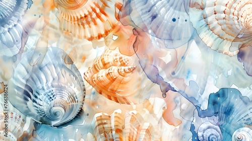 Watercolor underwater backdrop adorned with shells. Colorful seashells for print designs, creating a vibrant underwater world. Blue and yellow color palette.