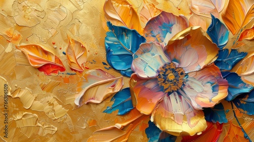 This is a technique of abstract oil painting. Flowers, leaves. Bright golden texture. Prints, wall papers, posters, cards, murals, carpets, decorations, wall paintings, posters, etc.