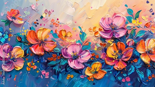 Oil painting art. Flowers, leaves. Sprinkle paint on paper. Shiny golden texture. Prints, wallpapers, posters, cards, murals, rugs, hangings, wall art, posters.