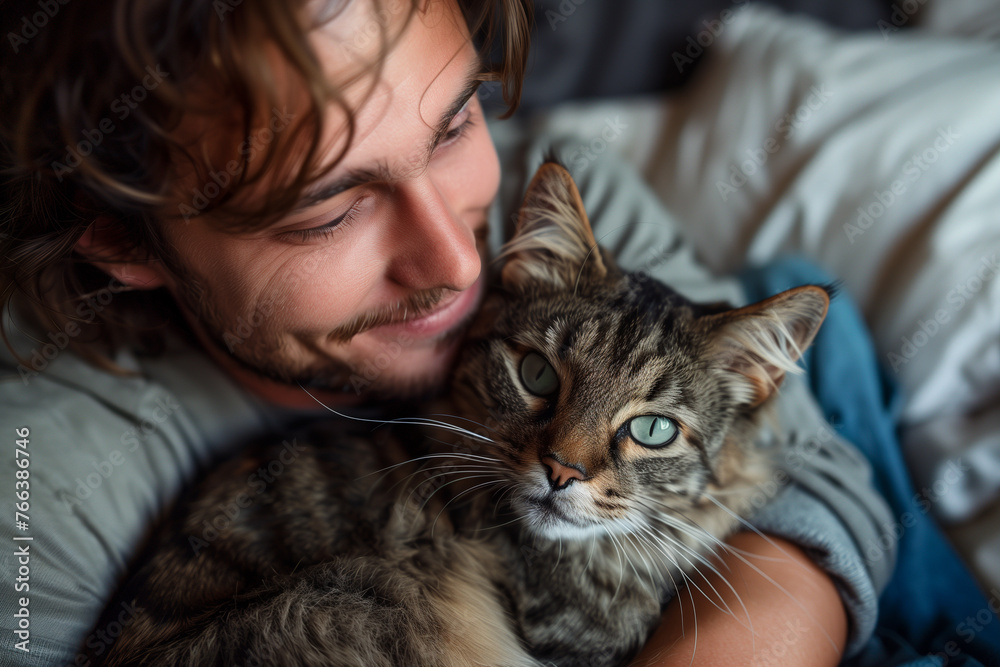 Happy people at home with favorite pet , love and friendship of human Happy people at home with favorite pet , love and friendship of human
