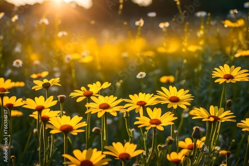 Yellow fresh daisy field, blooming spring flowers over warm sunset © Ateeq