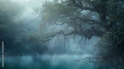 A dense fog covering a mystical lake surrounded by ancient trees, creating an otherworldly and atmospheric scene. © Nature