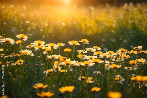 Yellow fresh daisy field, blooming spring flowers over warm sunset