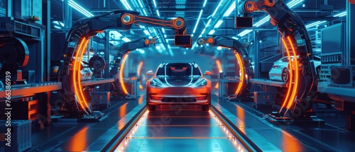 An automated robotic assembly line for manufacturing high-tech green energy electric vehicles. An artificial intelligence computer vision system is used to analyze, scan, and analyze production photo