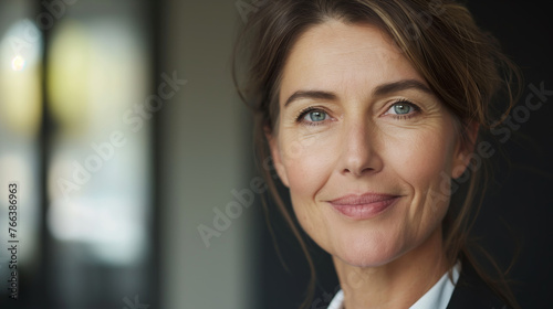  A sophisticated older businesswoman with brown hair and a white shirt smiling at the camera. Smile lines. Professional headshot
