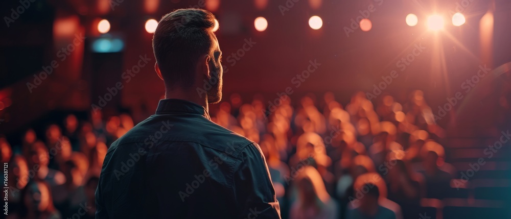 In a dark, crowded auditorium at an international tech conference, a man asks a question to a speaker. A young specialist expresses an opinion. - obrazy, fototapety, plakaty 