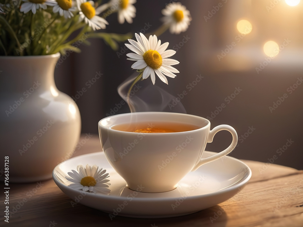 Cup of tea with chamomile flowers on wooden table Cup of tea with chamomile flowers on wooden table