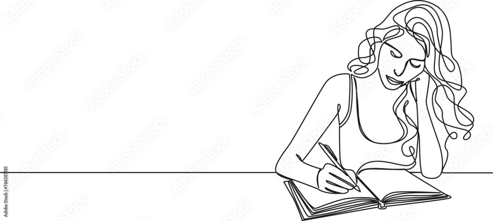continuous single line drawing of woman taking notes in journal or diary, line art vector illustration continuous single line drawing of woman taking notes in journal or diary, line art vector illustration