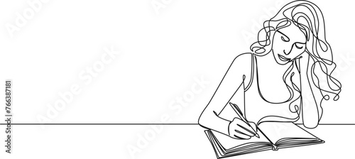 continuous single line drawing of woman taking notes in journal or diary, line art vector illustration