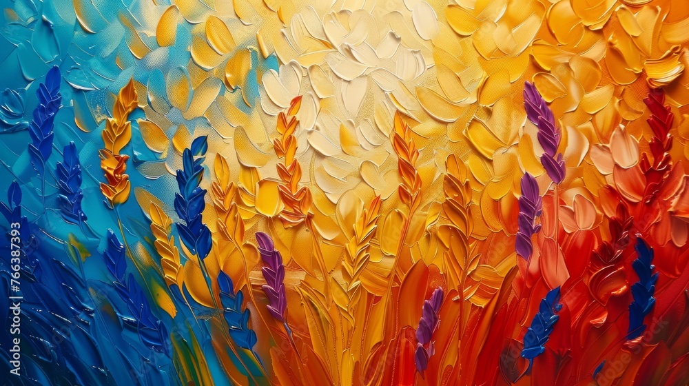 Abstract art. Plants, flowers, golden grains. Freehand. Oil on canvas. Brush the paint. Modern art. Abstract landscapes, forests, prints, wallpaper, posters, cards, murals, carpets, hangings,
