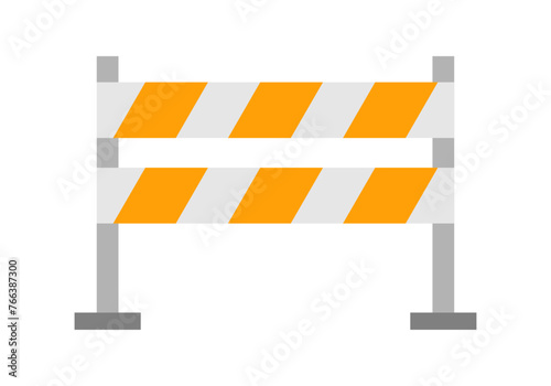 Valla o barrera de aviso por calle cortada por obras, naranja y blanca. 