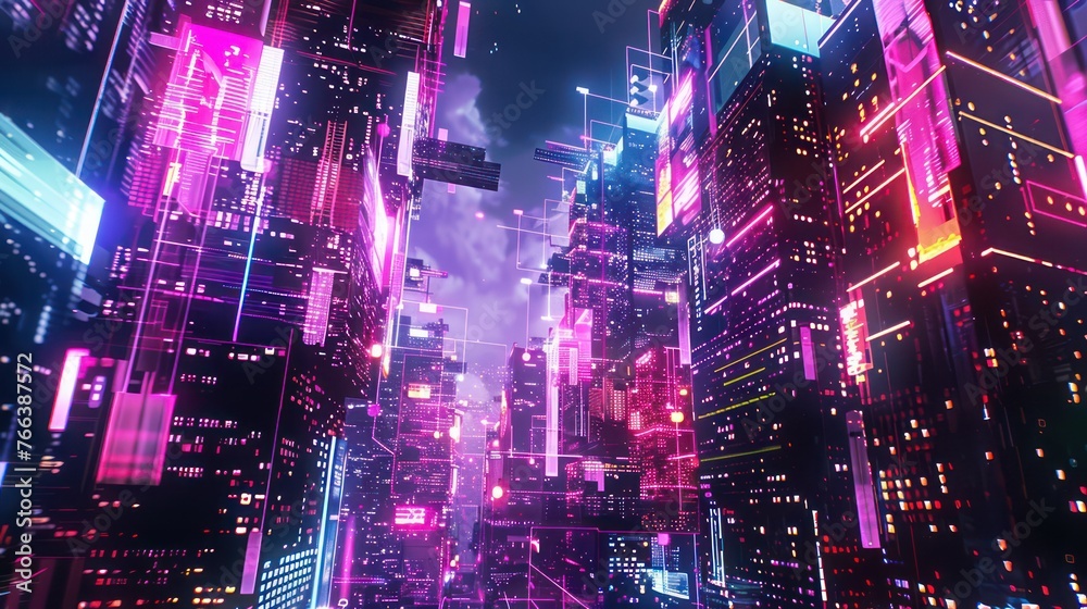 Colorful neon lights and a cyberpunk concept adorn the futuristic cityscape background.
