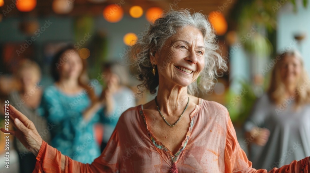 Cheerful pretty mature woman having fun at home, dancing with open arms, laughing, enjoying music, active leisure time, feeling happy, carefree, inspired Cheerful pretty mature woman having fun at home, dancing with open arms, laughing, enjoying music, active leisure time, feeling happy, carefree, inspired