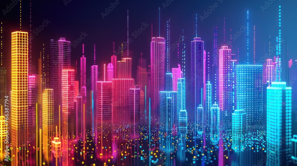 A futuristic cityscape background with colorful neon lights embodies the cyberpunk concept.
