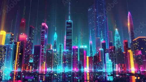 A cyberpunk concept with colorful neon lights creates a futuristic cityscape background. 